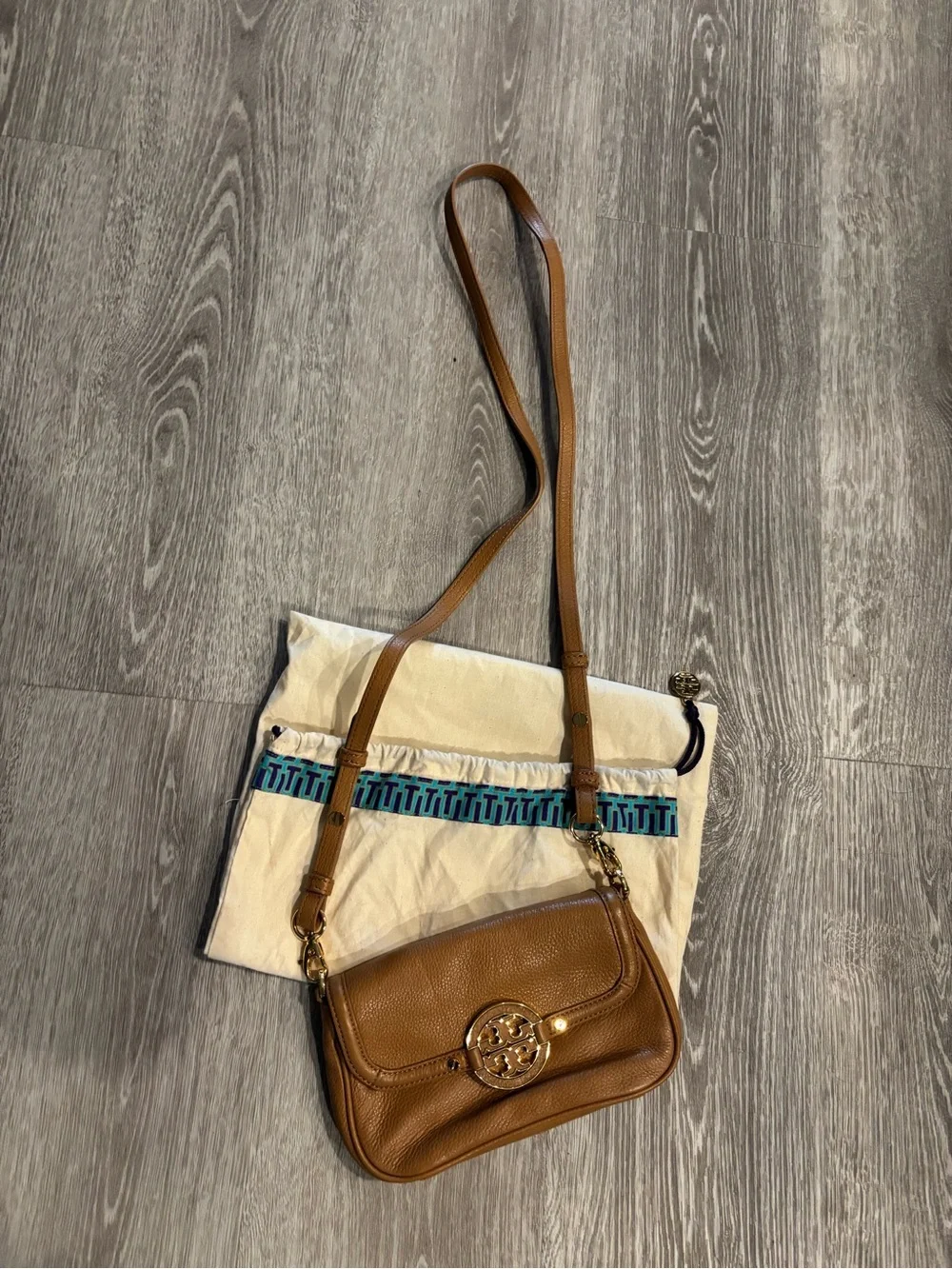 Tory Burch Tan Pebbled Leather Logo Crossbody